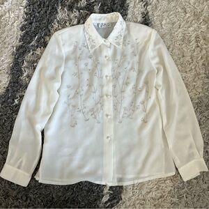 VTG Cathy Che Embroidered Elegant White Cream LongSleeve Office Blouse Size 10